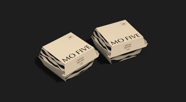 Clamshell burger containers displaying dominant typography layouts balanced with subtle side wave accents.