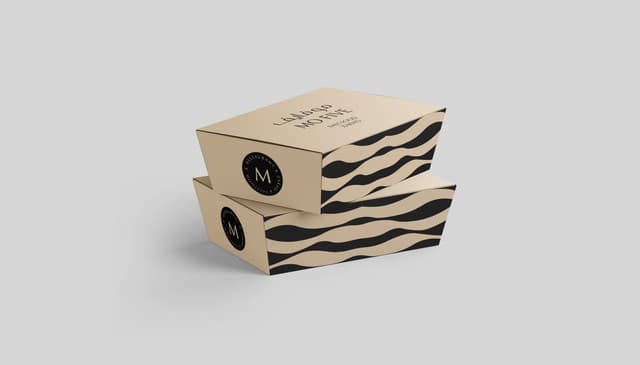Stacked delivery boxes demonstrating structural consistency and the continuous flow of the brand's graphic patterns.