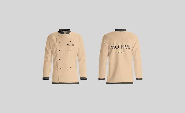 Official front and back views of the MO FIVE chef jackets featuring custom typography and contrast collar accents.