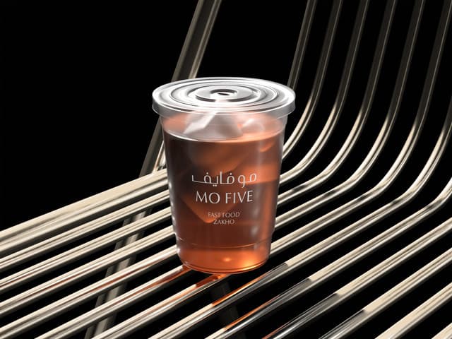 Clear takeaway iced beverage cup showcasing the white MO FIVE typography lockup against a luxury metallic backdrop.