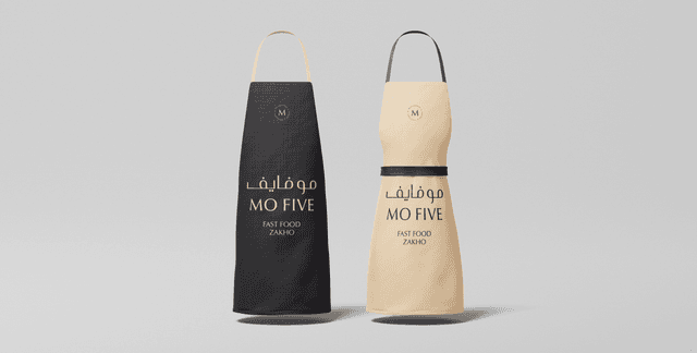 Contrast-based staff aprons showcasing the bilingual MO FIVE logotype and localized Zakho sub-text.