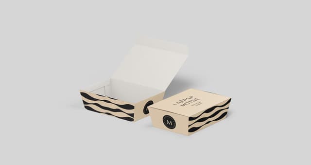 Custom premium food delivery containers featuring bilingual typography and organic side-panel patterns.