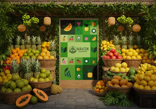 Retail stall display with a "Fruits of the Harvest" brand pattern.