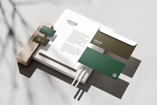 Brand stationery set including letterhead, business cards, and envelopes.