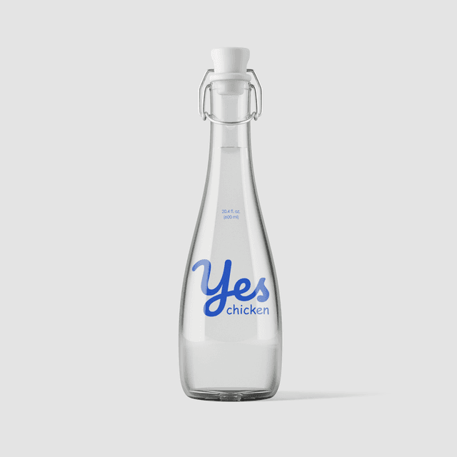 Custom glass beverage bottle featuring the blue script logo.