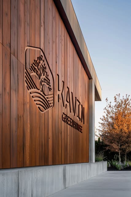 Large-scale wooden relief logo on the main building facade.