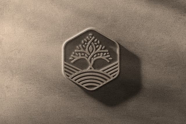 3D stone-embossed brand mark showing depth and texture.
